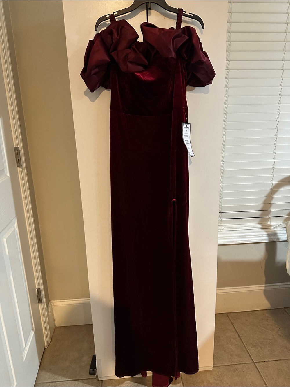 B Darlin Burgundy Velvet Off-Shoulder Maxi Dress